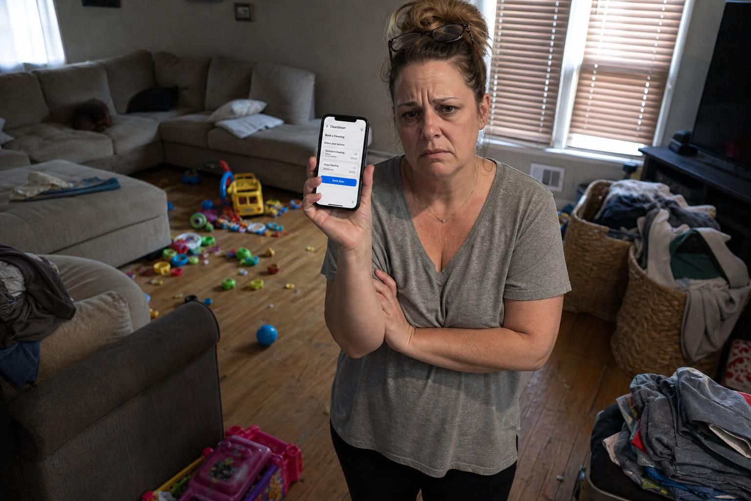 A stressed woman navigates the chaos of her lived-in living room.