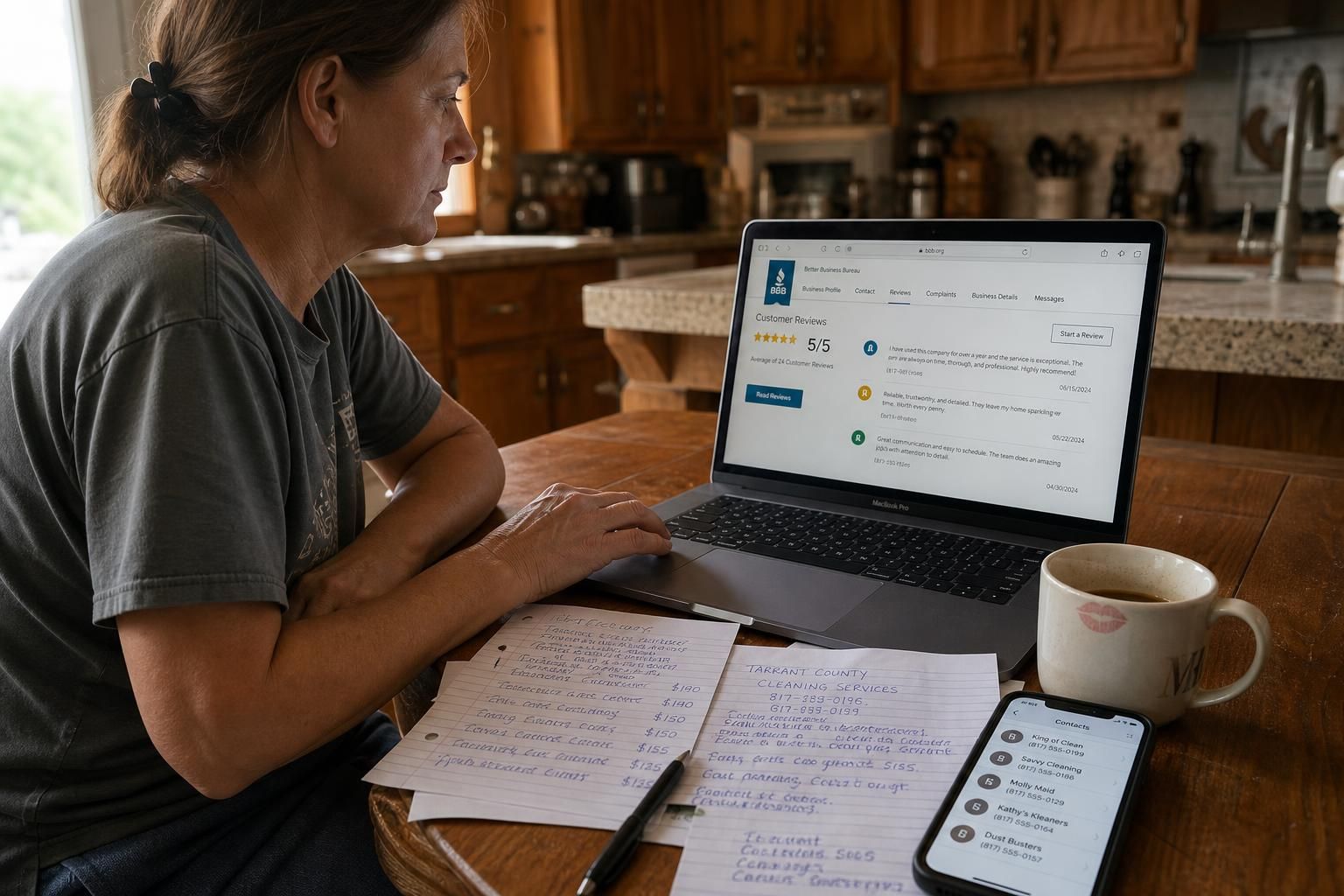 A middle-aged homeowner researches cleaning services at a kitchen table.