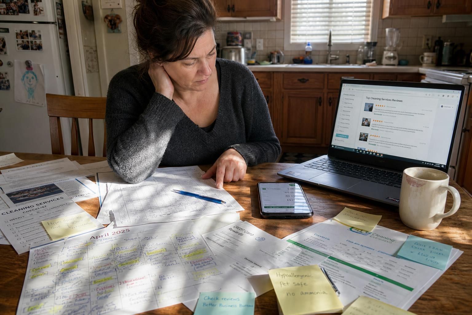 A woman organizes household management documents at a cluttered kitchen table.