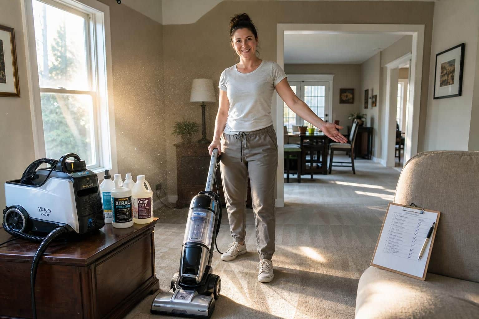 A satisfied woman uses a modern vacuum cleaner in a tidy living room.
