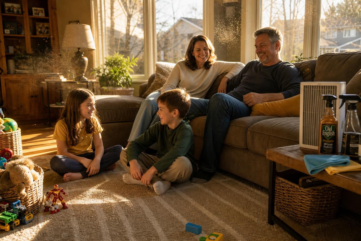 A family enjoys a cozy moment in their welcoming living room.