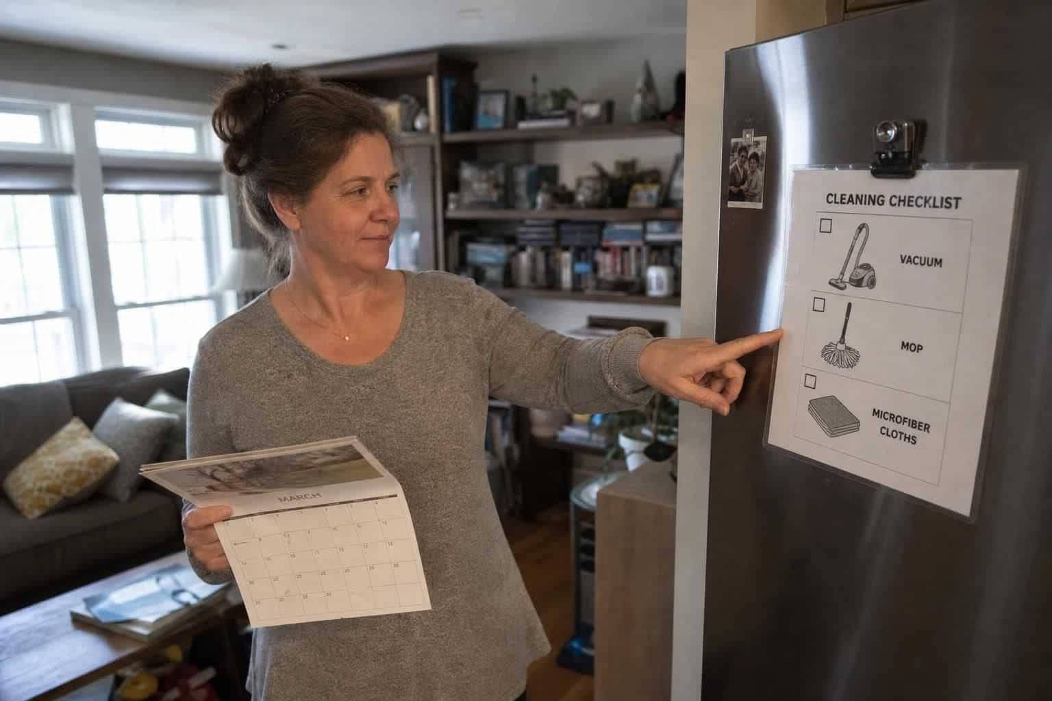 A woman points at a cleaning checklist on a refrigerator.