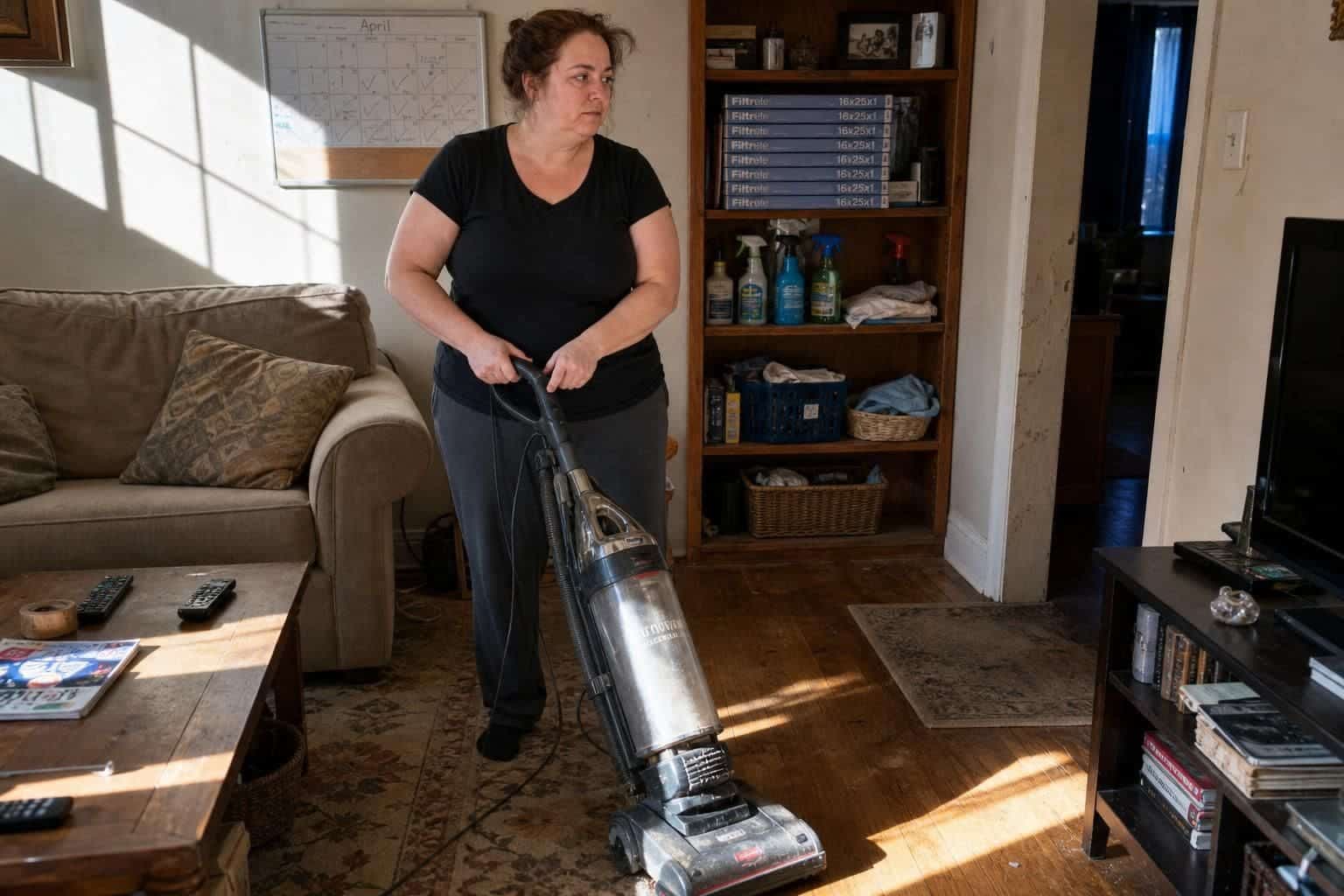 A woman vacuums in a lived-in, cluttered living room.