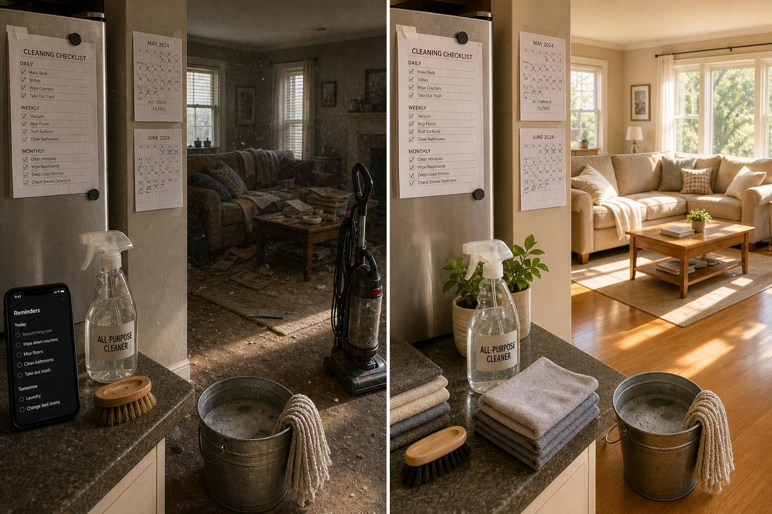 A split-screen before-and-after cleaning transformation of a living room.