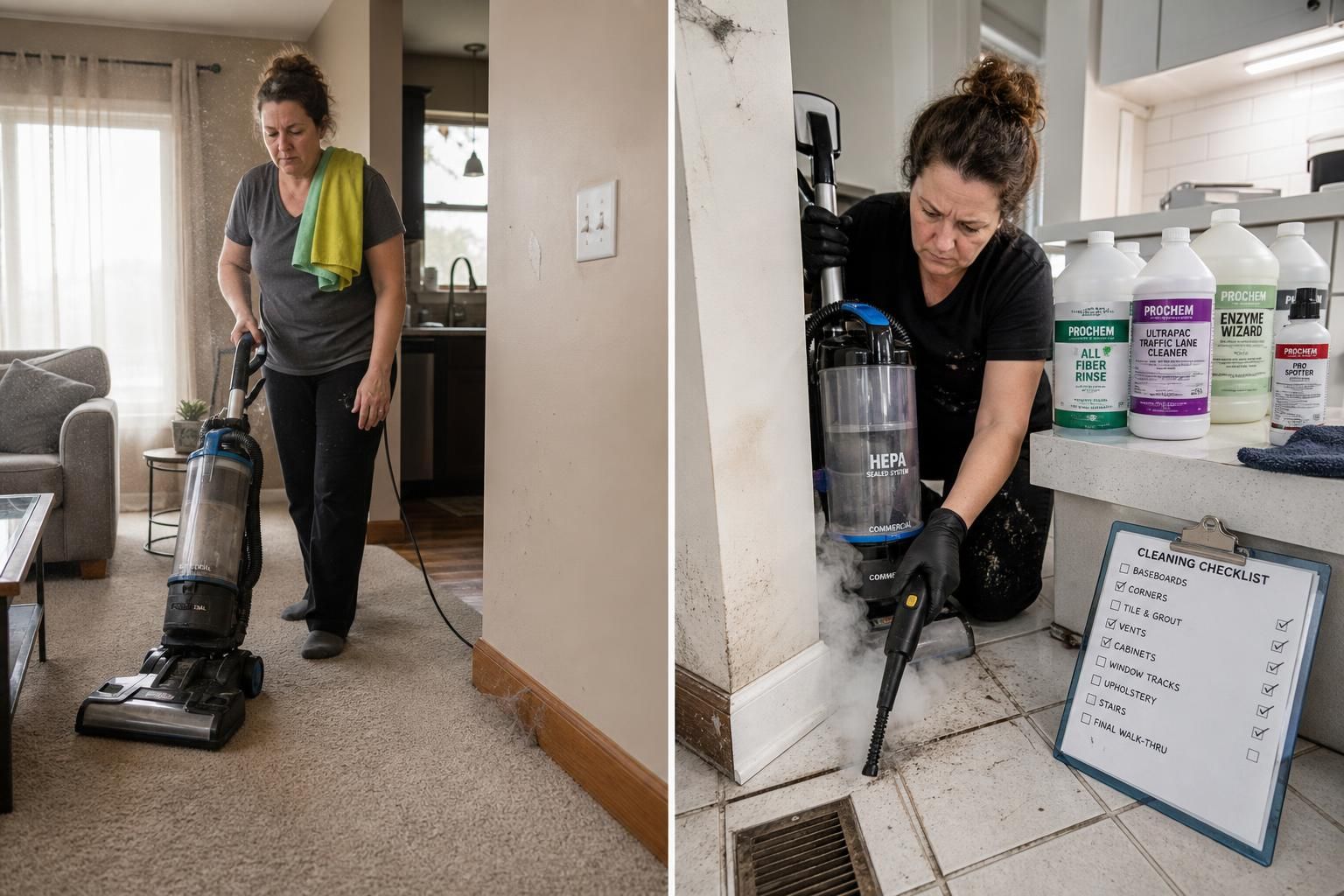 A woman demonstrates two contrasting cleaning methods in a home.