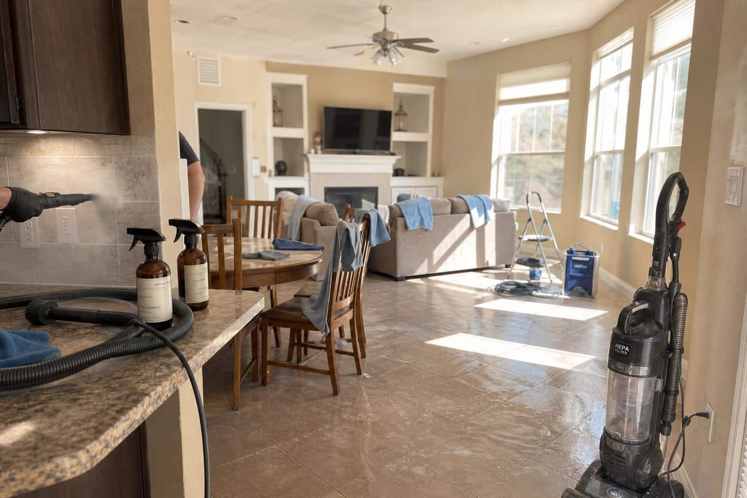 A suburban kitchen and living room are actively being deep cleaned.