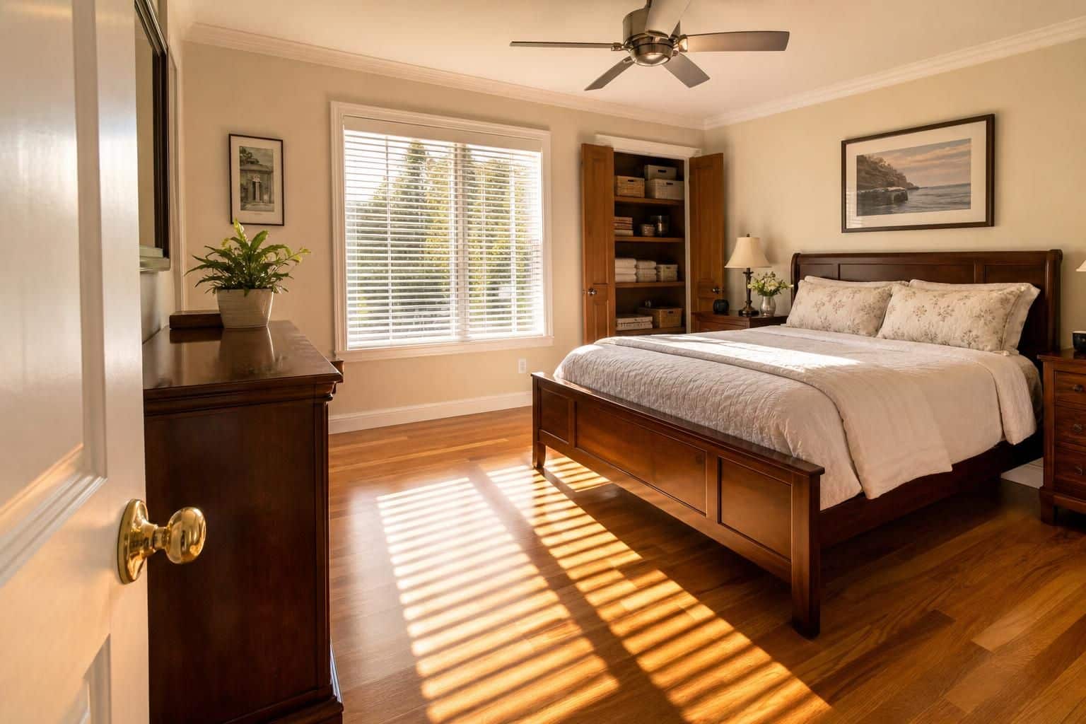 A meticulously clean and organized serene bedroom environment.