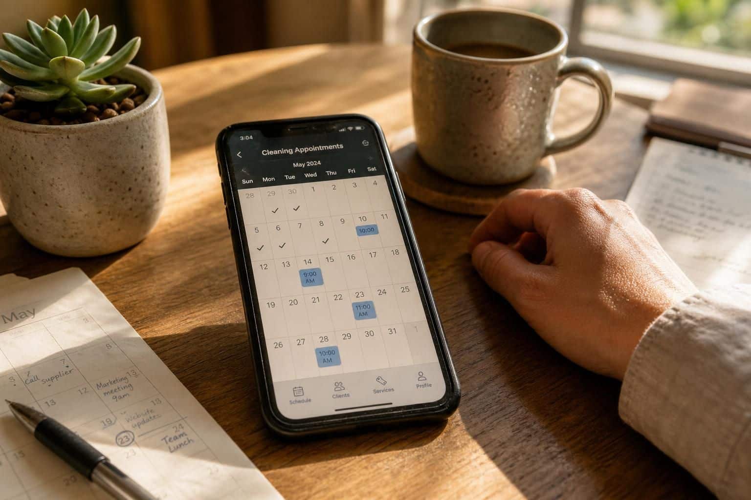 A smartphone displays a cleaning calendar beside a coffee mug and succulent.