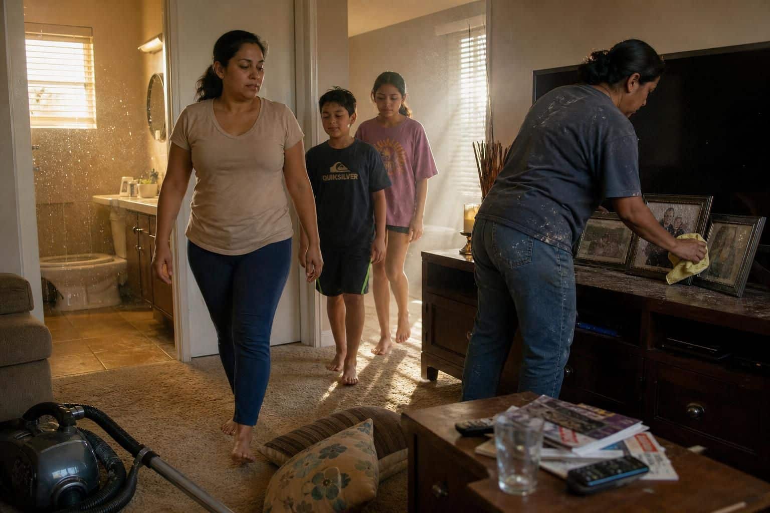 A woman and her children move through a lived-in living room.