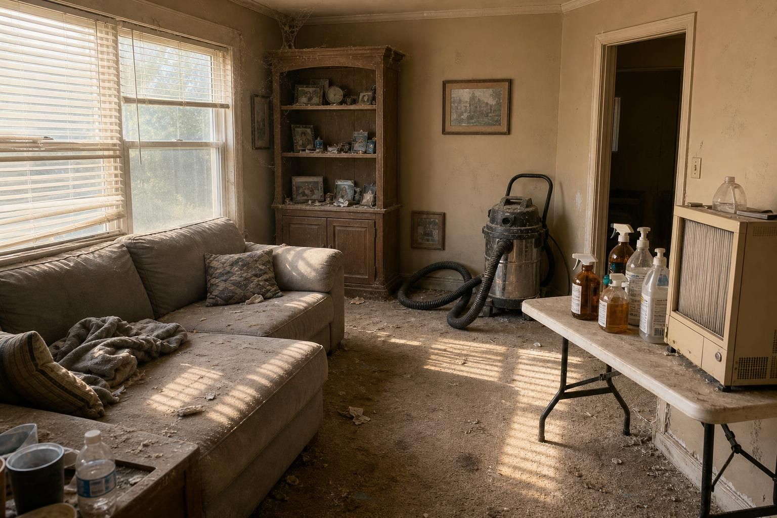A neglected living room filled with dust and cleaning supplies.