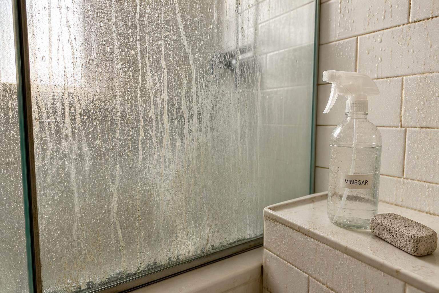 A neglected shower glass enclosure with soap scum and mineral deposits.