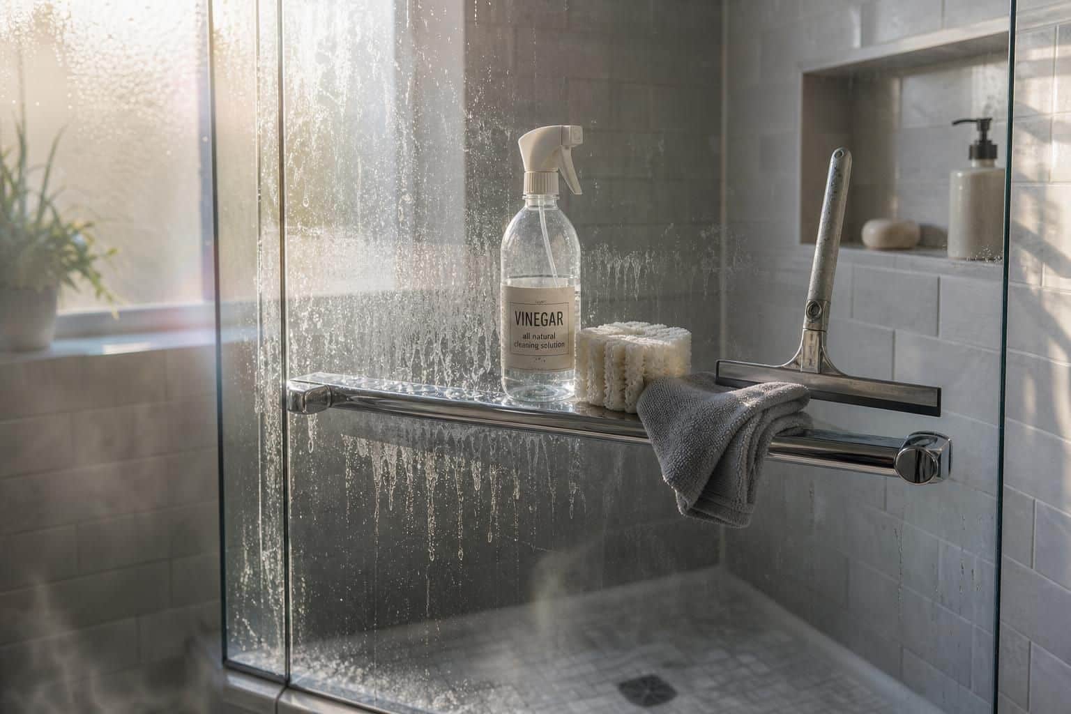Frameless shower enclosure with cleaning tools and bathroom essentials arranged neatly.