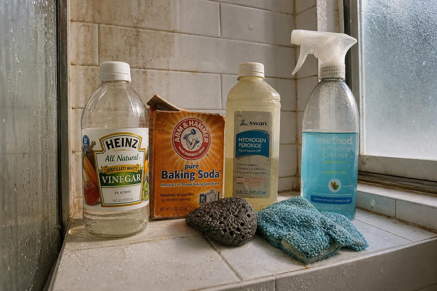 A bathroom shower with cleaning supplies and visible grime on tiles.