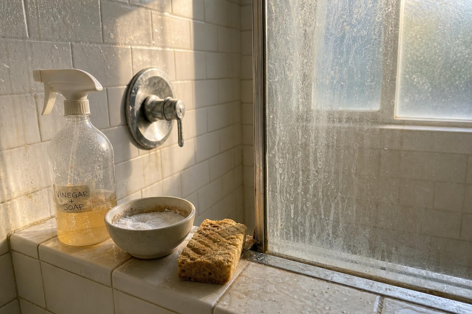 A bathroom shower corner with cleaning supplies and mineral deposits.