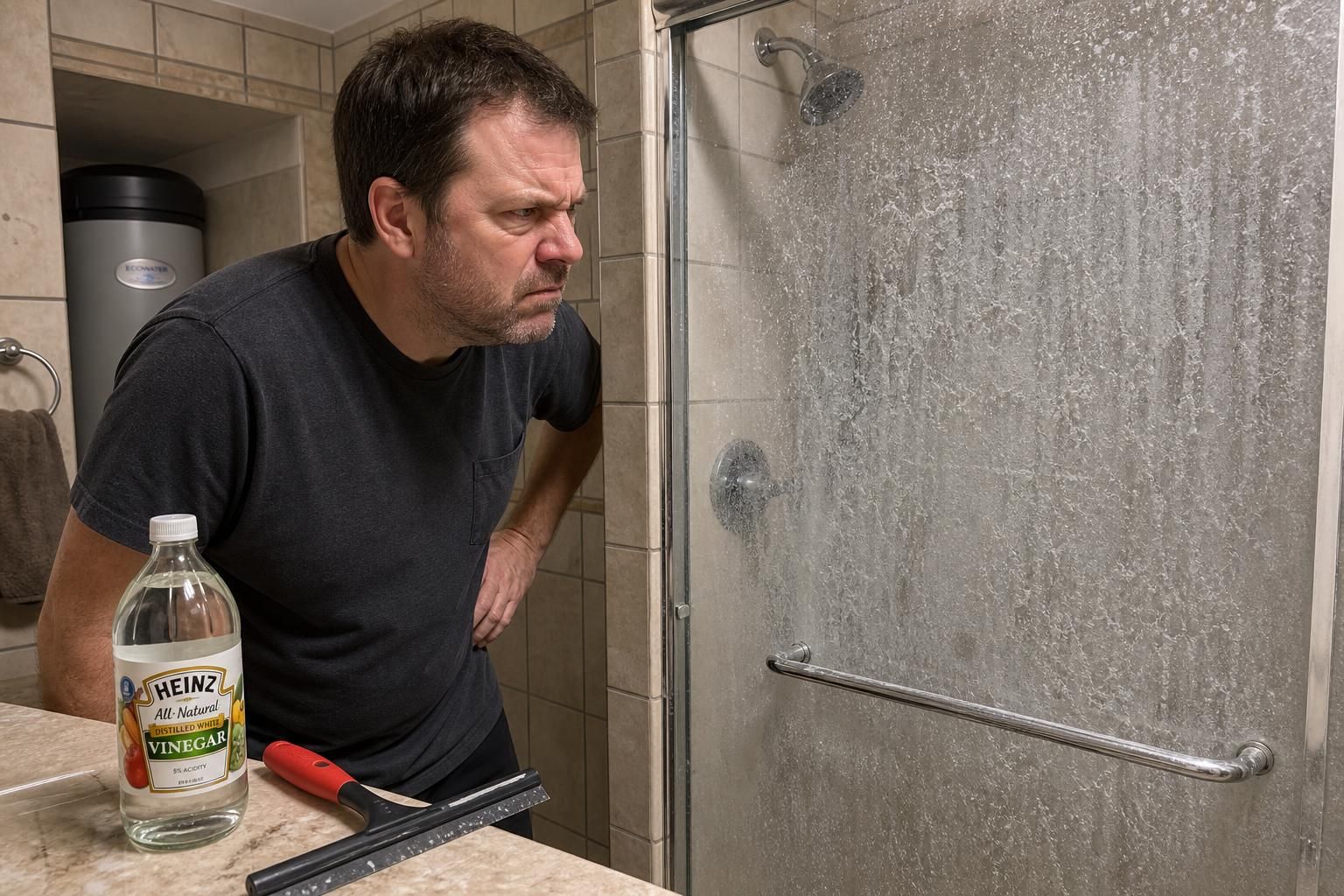 A frustrated man prepares to clean heavily stained shower glass.