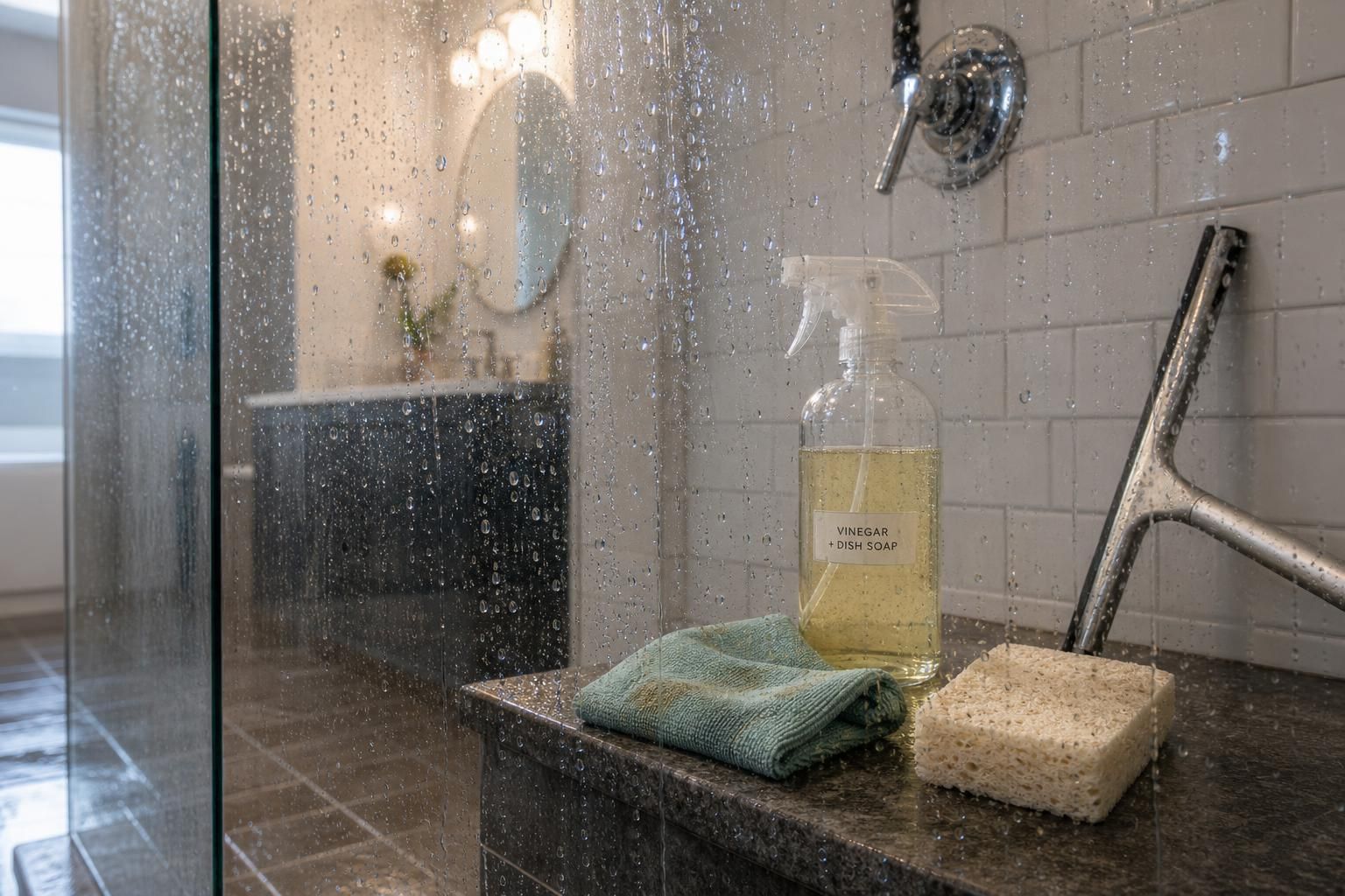 Close-up of a glass shower with water droplets and cleaning supplies.