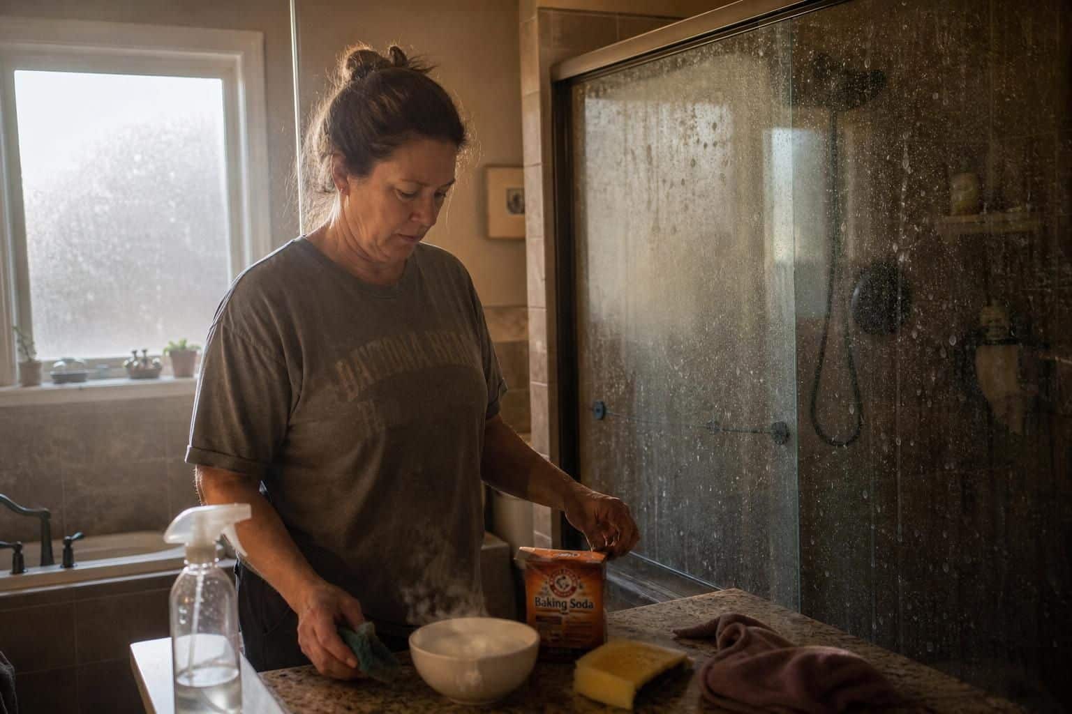 A parent cleans the bathroom with a fizzing baking soda and vinegar solution.