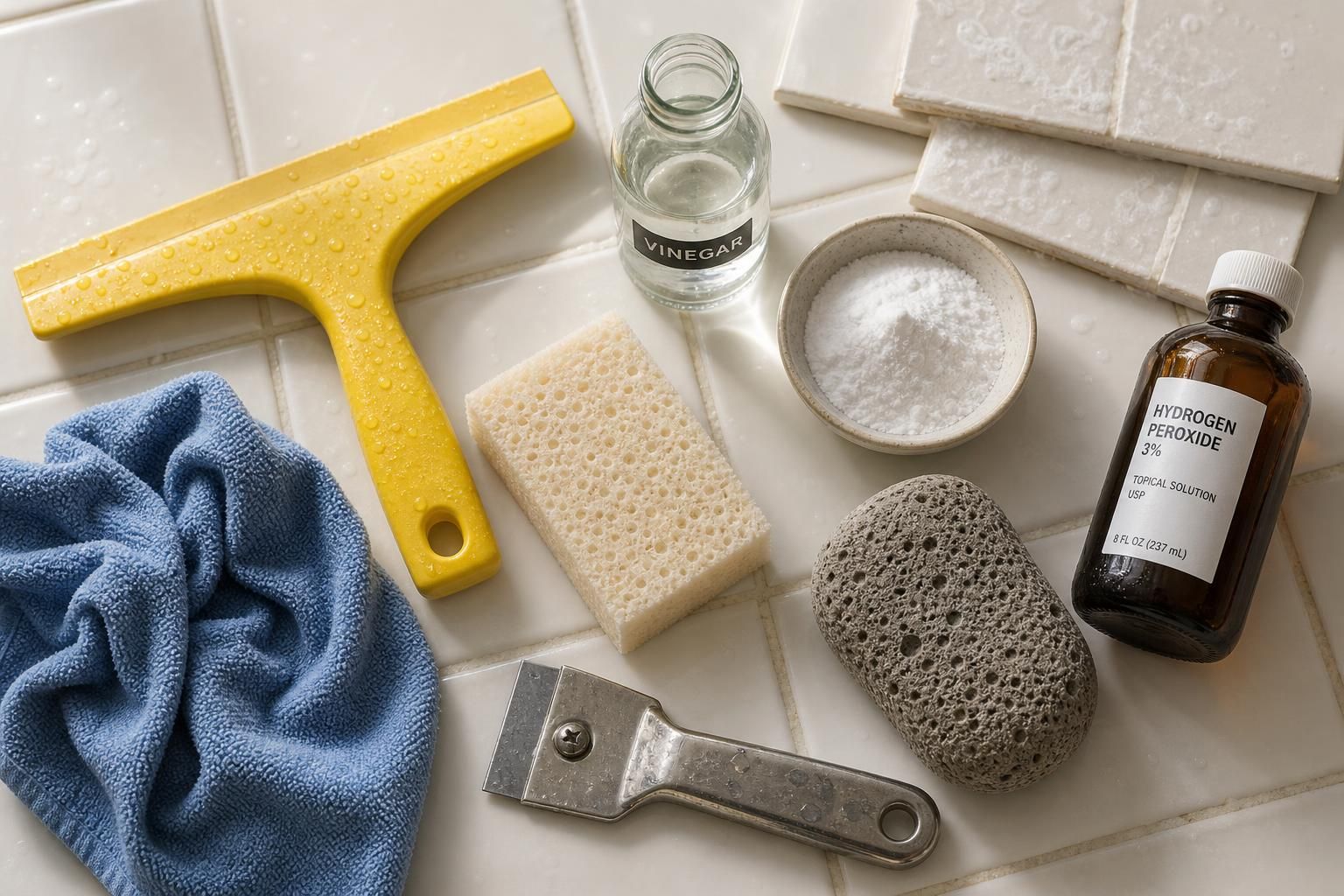 Flat lay of various bathroom cleaning supplies on a tile surface.