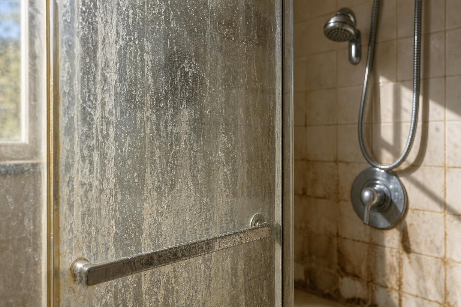 Close-up of a shower enclosure showing mineral buildup and neglect.